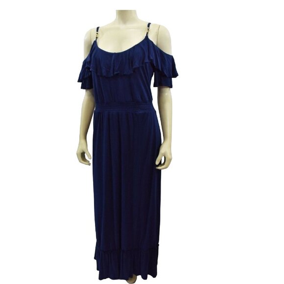 Michael Kors Women's Cold-shoulder Ruffle Stretch Maxi Dress Navy Blue Size L - Picture 7 of 9